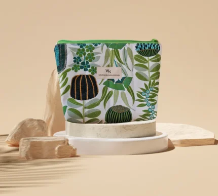 Handmade Australian native botanical pouch in quilted cotton canvas with green zip