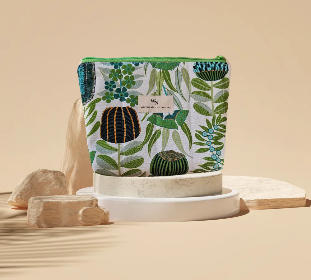 Handmade Australian native botanical pouch in quilted cotton canvas with green zip