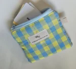 Handmade gingham coin purse in blue sage green and yellow cotton