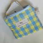 Handmade gingham coin purse in blue sage green and yellow cotton