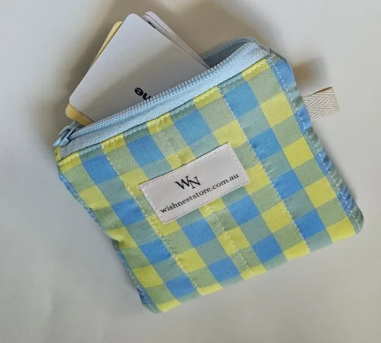 Handmade gingham coin purse in blue sage green and yellow cotton
