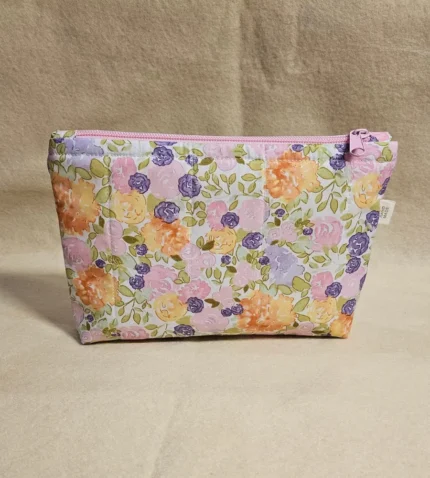 handmade quilted pink floral makeup pouch with zipper