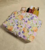 Handmade Quilted Floral Makeup Pouch – Pink Fabric Zipper Bag - Image 2