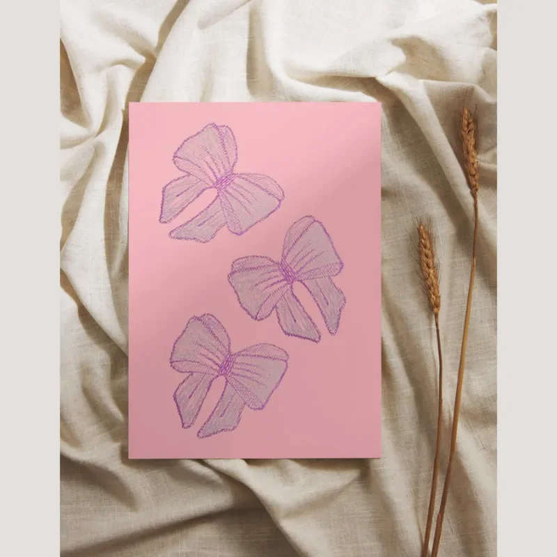 Pink Bow Greeting Card Pink greeting card with three hand-drawn lilac bows